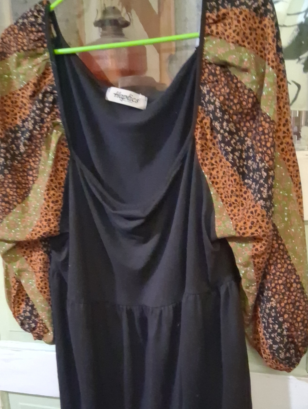 Black Camisole Dress with Patterned Puff-Sleeve Overlay